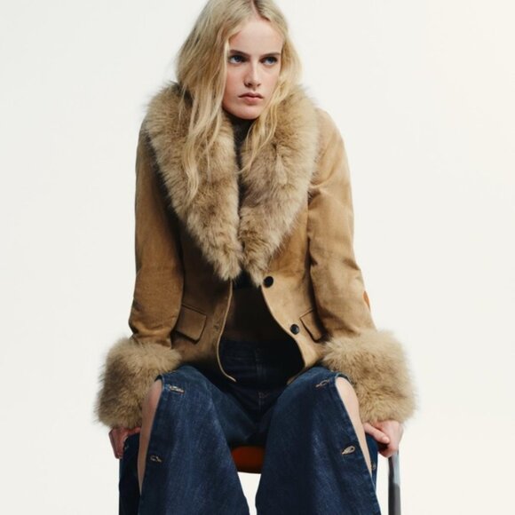 Zara Tailored Suede Leather Blazer with Faux Fur 4341/811/711 - Picture 4 of 6